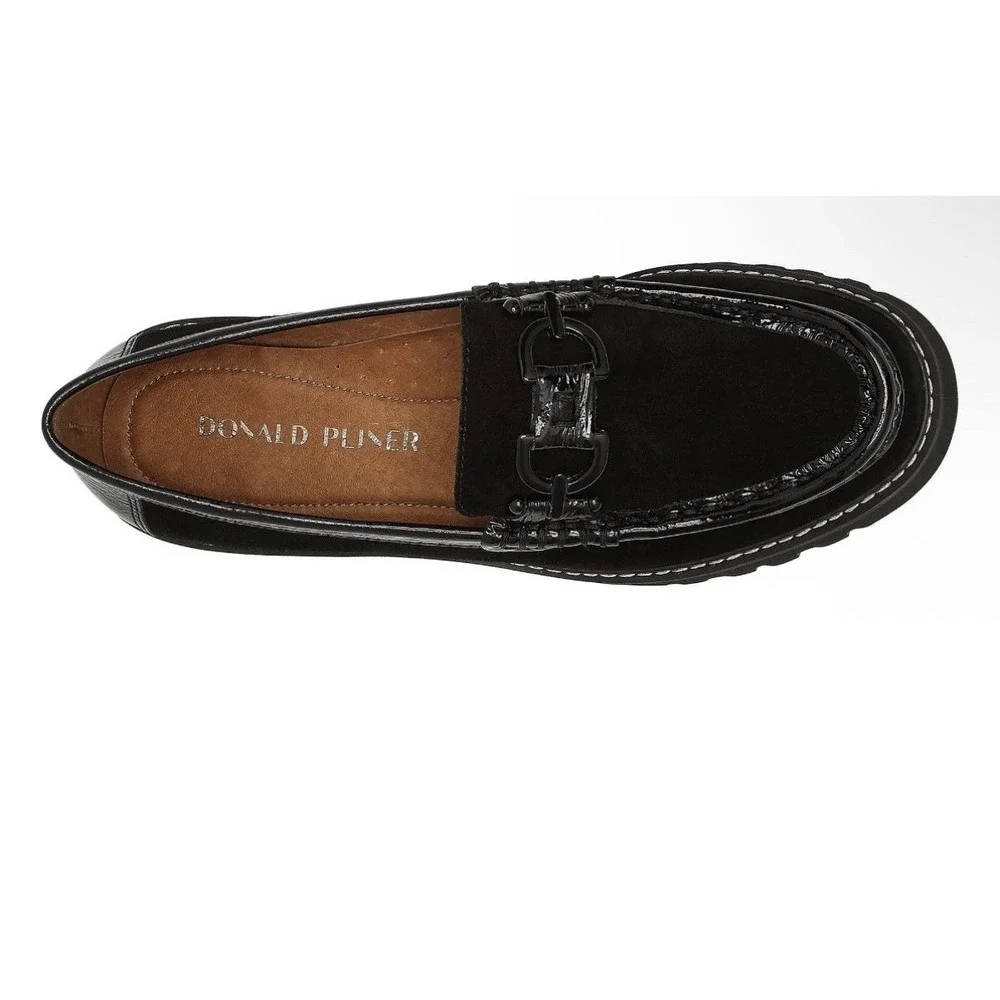 Donald Pliner 10 M Helioc Black Suede Patent Loafers Bit Lug Platform Shoe New